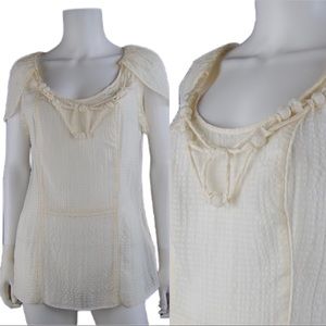 Leifsdottir short sleeves semi sheer ivory silk top with attached necklace